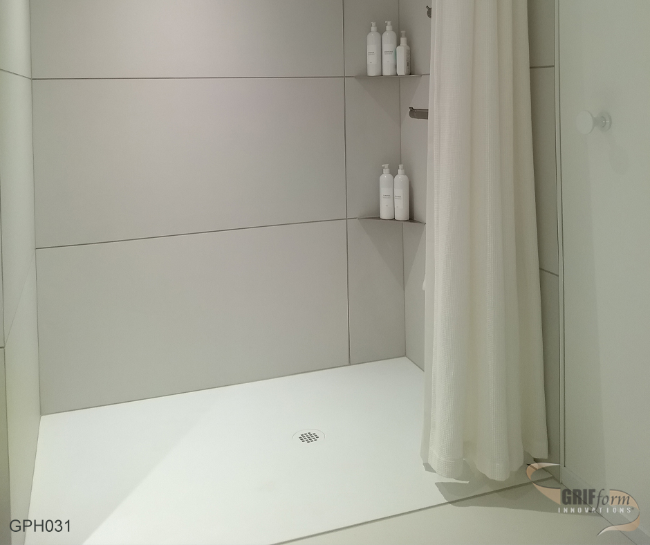 Custom shower pan installation.